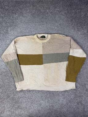 Casey's Sweater Mens XL Beige Colorblock Cable-Knit Cotton Linen Italy Crew Neck